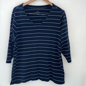 J. Jill Navy and White Striped V-Neck 3/4 Sleeve Tee